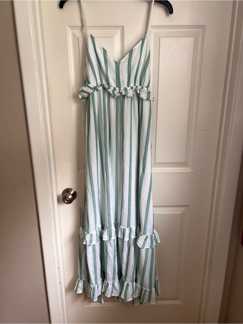 American Eagle Outfitters White and Seafoam Striped Maxi Dress